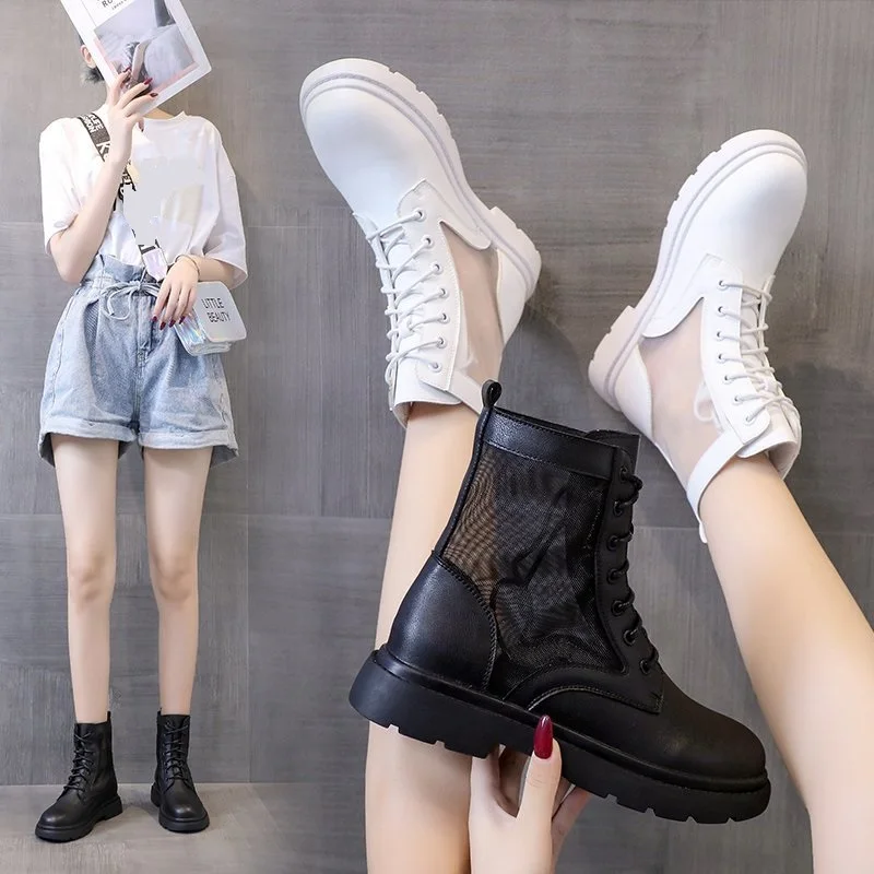

2021 Spring Women Ankle Boots Flats Heels Platform Boots Soft Leather White Motorcycle Boots Woman Autumn Chunky Sneakers Boots