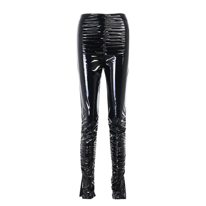 

New sexy slim slim personality pleated PU leather pants split leg trousers