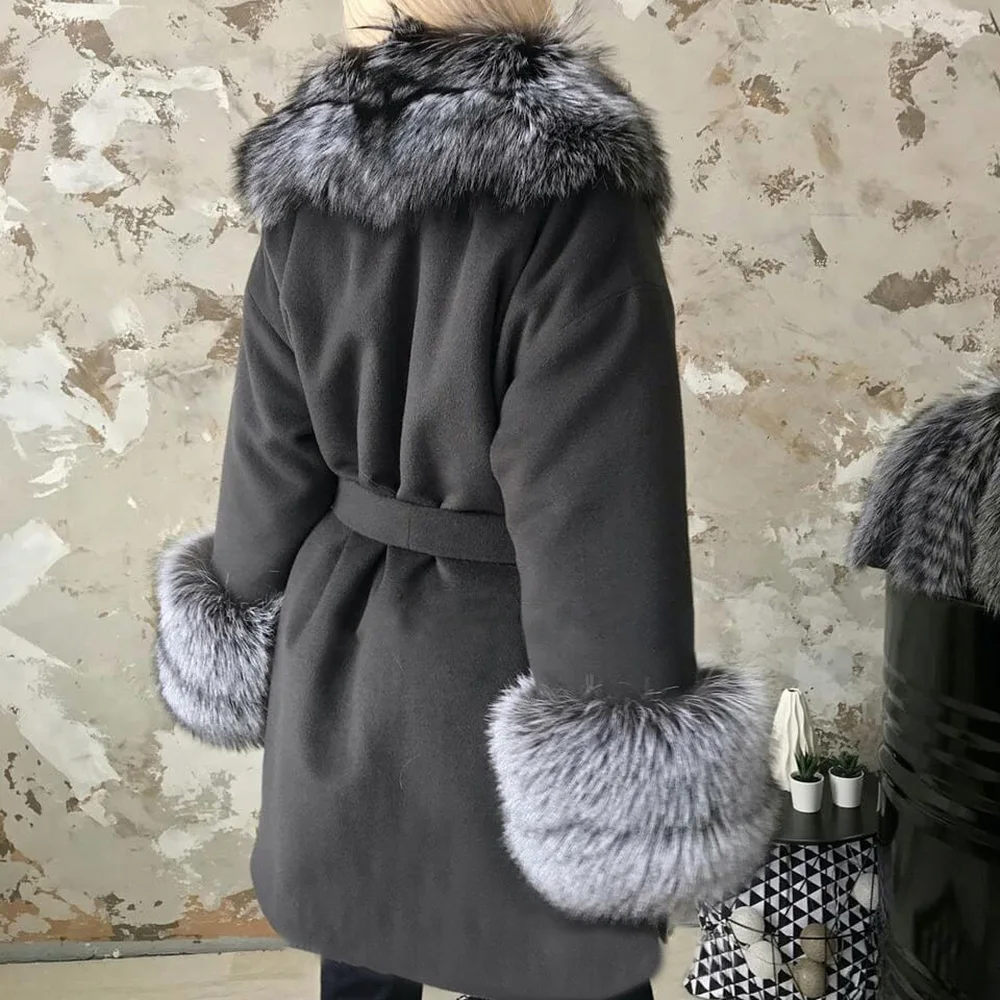 Женское пальто с лисьим мехом осенне-зимние элегантные однотонные пальто женская верхняя одежда шерстяная теплая тонкая куртка горячая распродажа