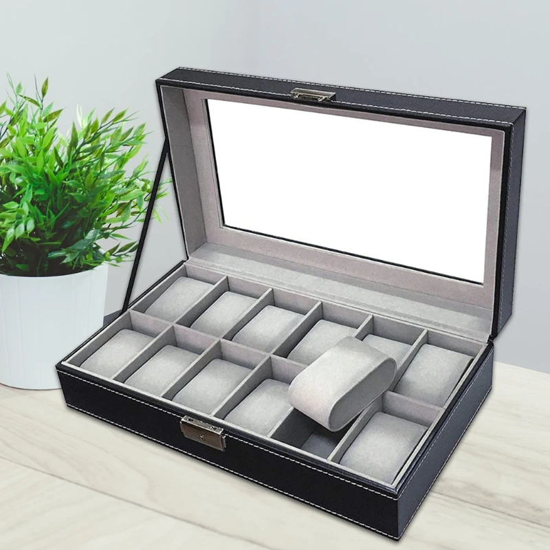 

Watch Dislpay Box Organizer, Pu Leather with Glass Top W0YF