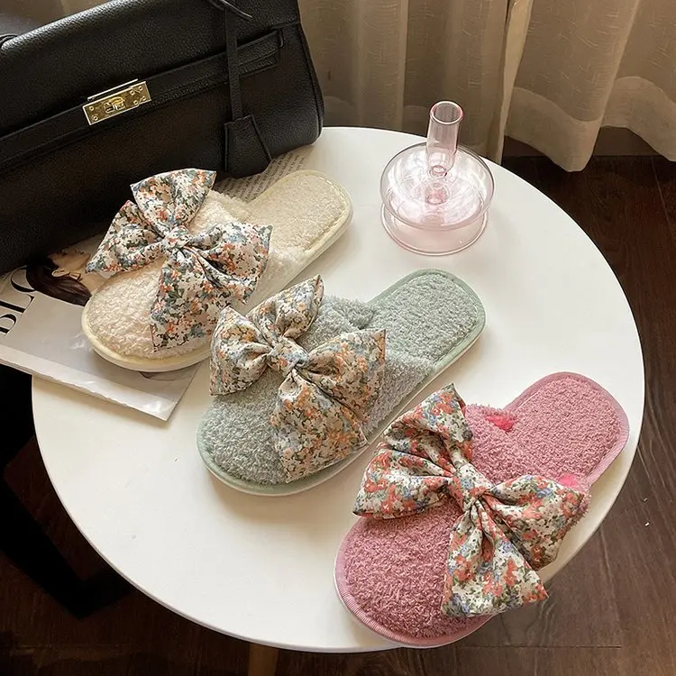 New Autumn and Winter Household Ladies Cotton Slippers Cute Bow Decoration Comfortable Slippers Female Furry Slippers Female