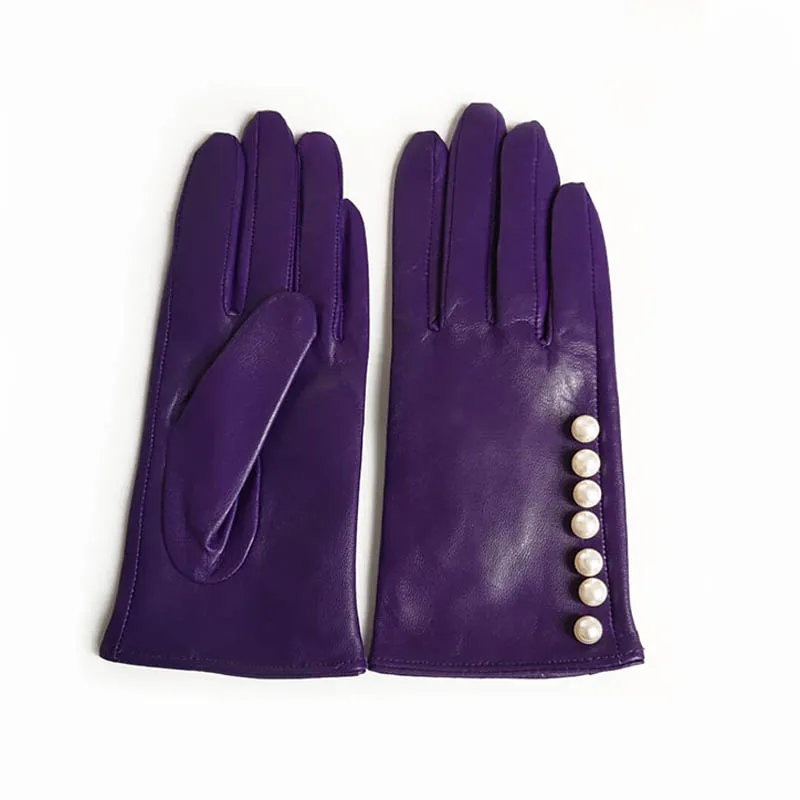 

Kimobaa women mid length side pearls real leather gloves black purple