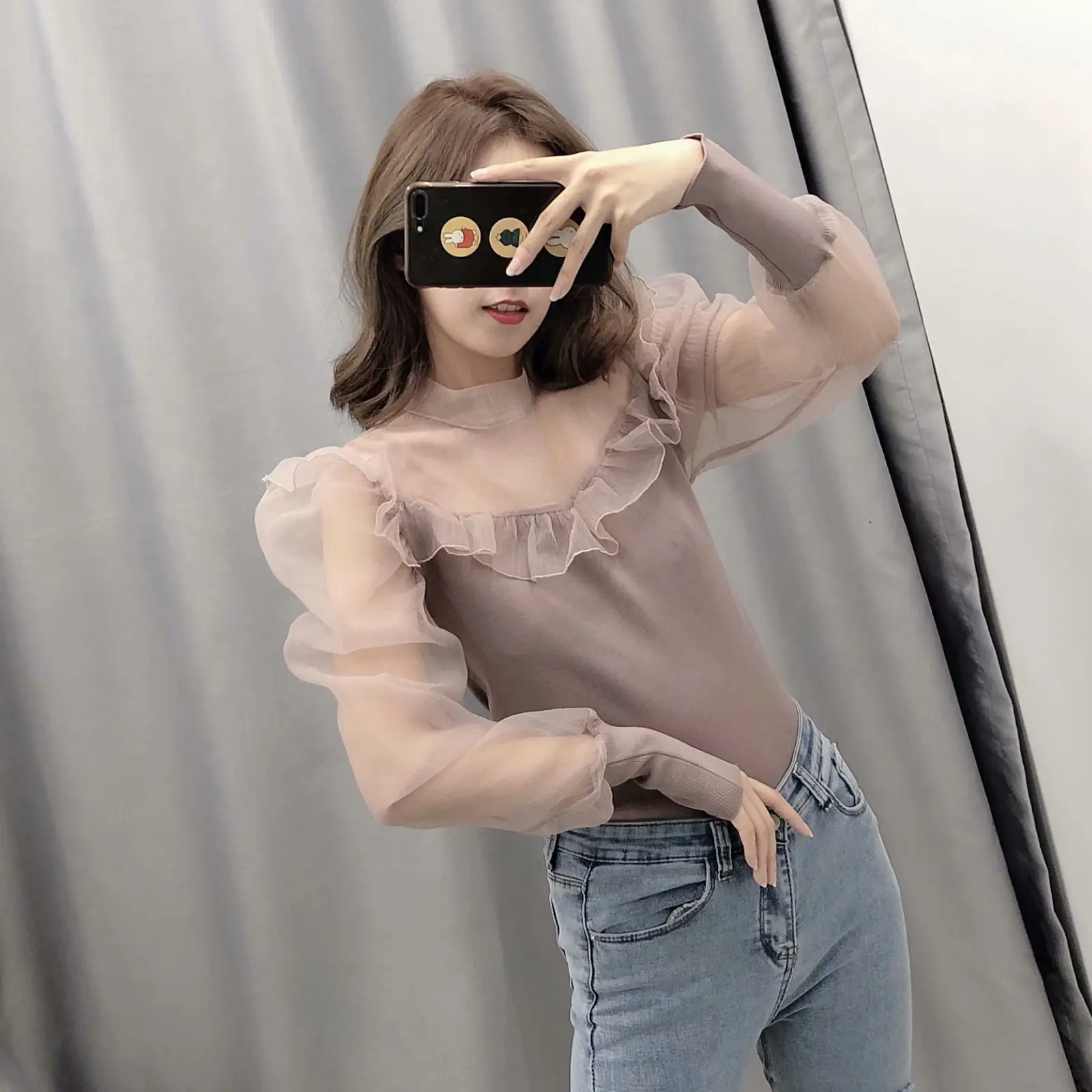 Новинка осень и зима 2019 женский милый пуловер из органзы с длинными рукавами