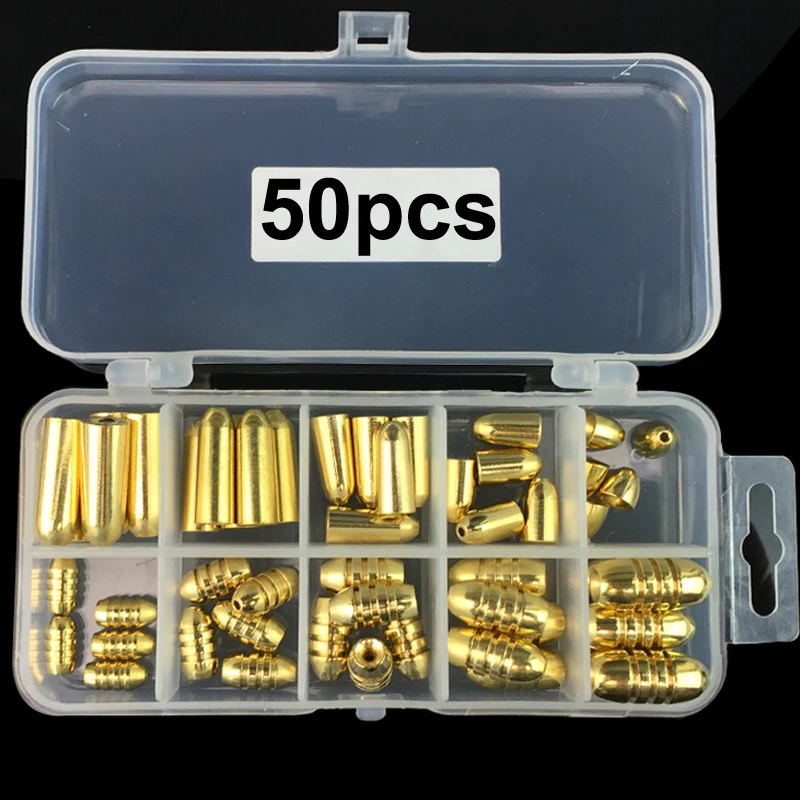 50pcs/box Mix Sizes Two Types Fishing Accessories Bullet Copper Weights Metal Jig Drop Shot Sinkers For Texas Rig Tackle | Спорт и