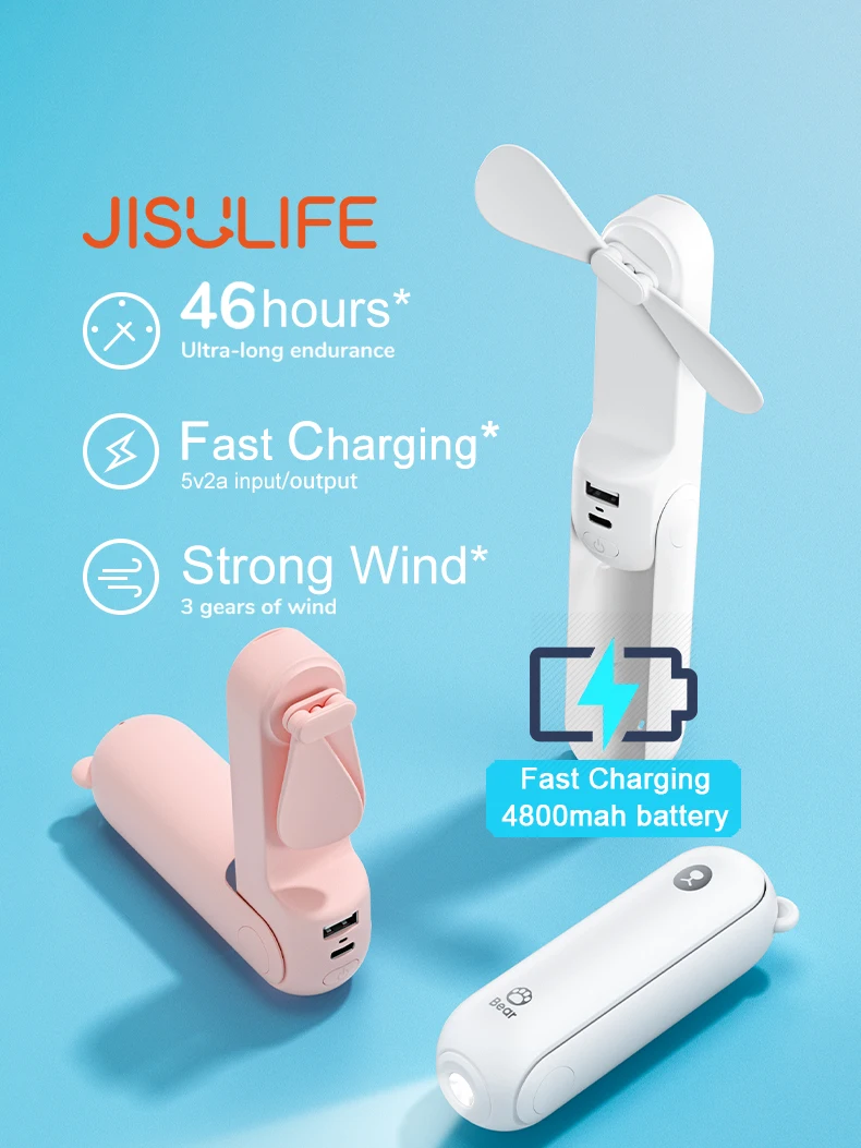 JISULIFE Mini Fan Portable Fan 4800mAh Enduring Silent Foldable Usb Rechargeable Fan with Power Bank and Flashlight Function