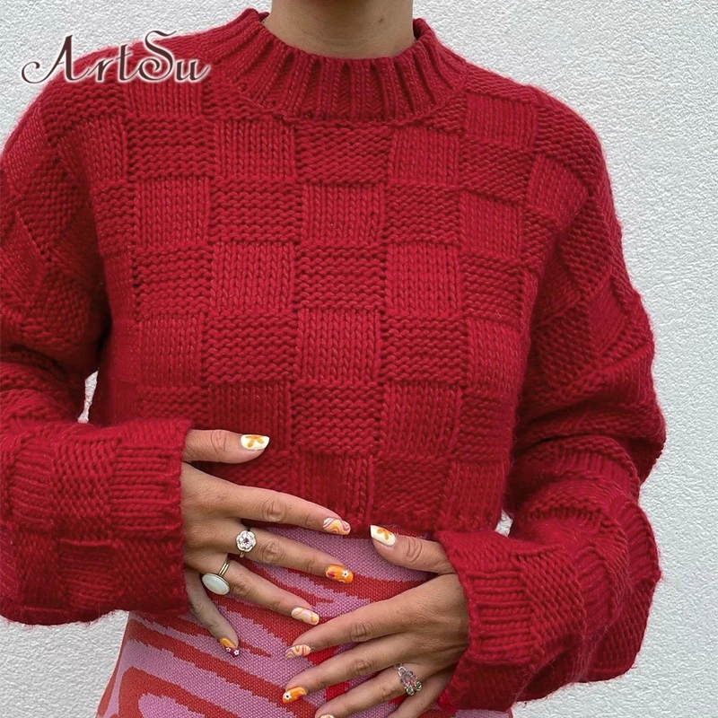 

ArtSu Plaid Cropped Sweater Y2K Clothes Winter Long Sleeve Top Knitted Women Pullovers Vintage Streetwear Red Oversized Sweaters
