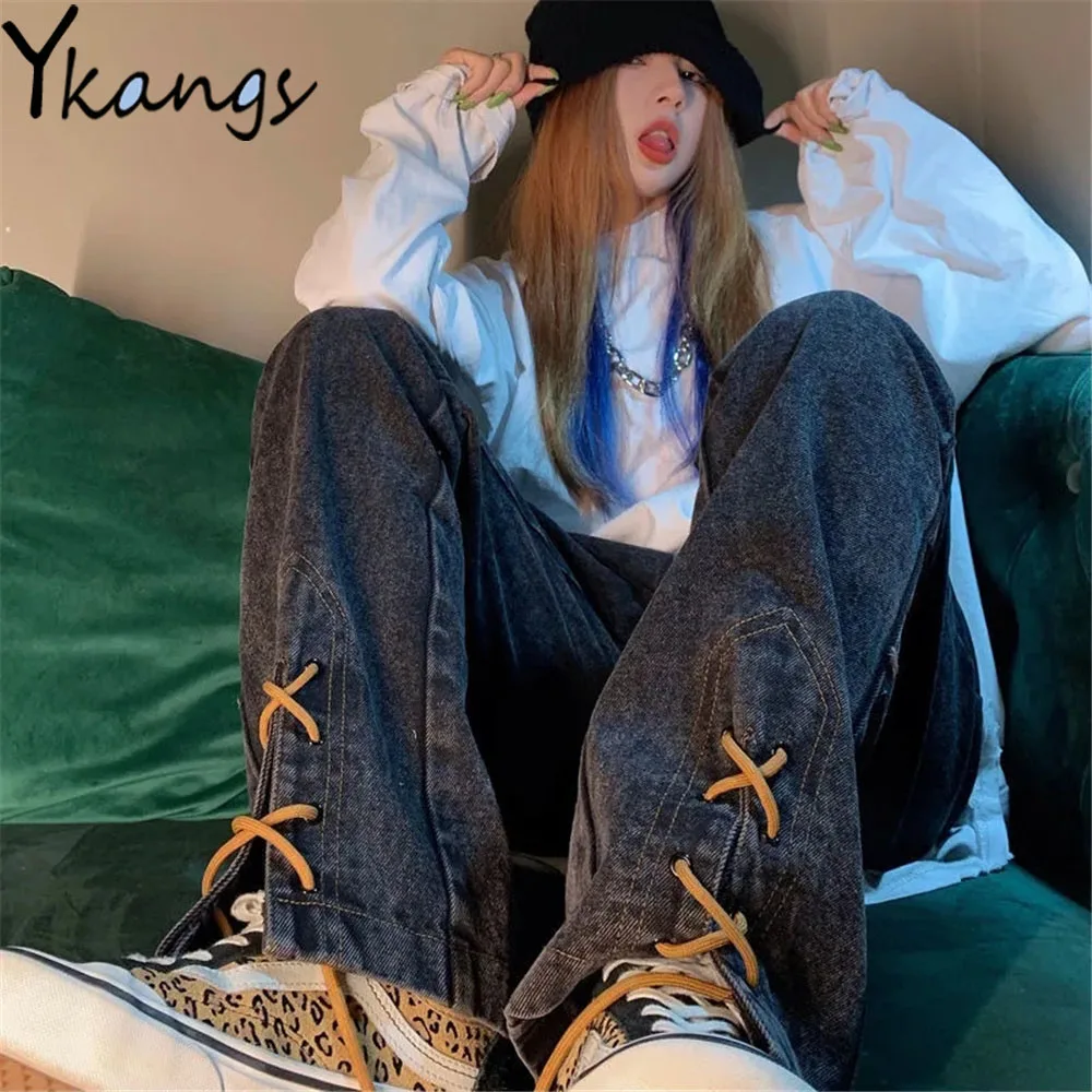 

Slit Lace Up Pockets Letter Embroidery Straight Pants Hip Hop Hippie Streetwear Harajuku Jeans Gothic Vintage Y2k Denim Trousers