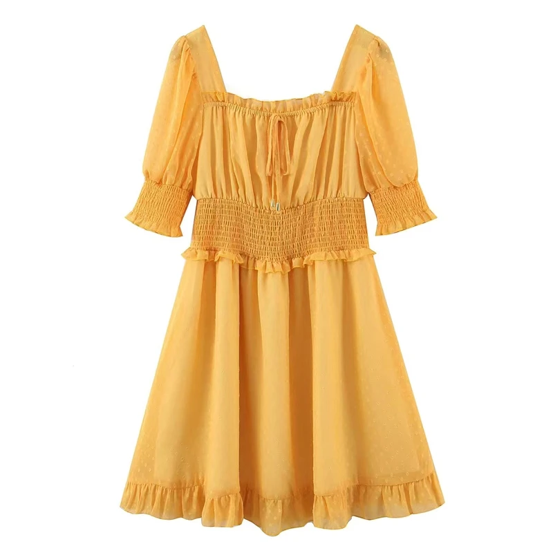 

ZXQJ женское желтое платье 2022, весенние модные Женские однотонные сексуальные платья с коротким рукавом и эластичной талией, женское мини-пла...