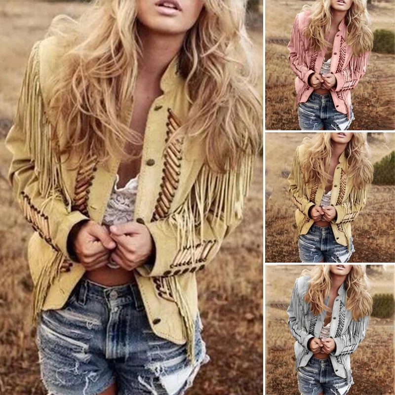 Женское пальто в стиле панк-рок украшенное кисточками с длинным рукавом короткое