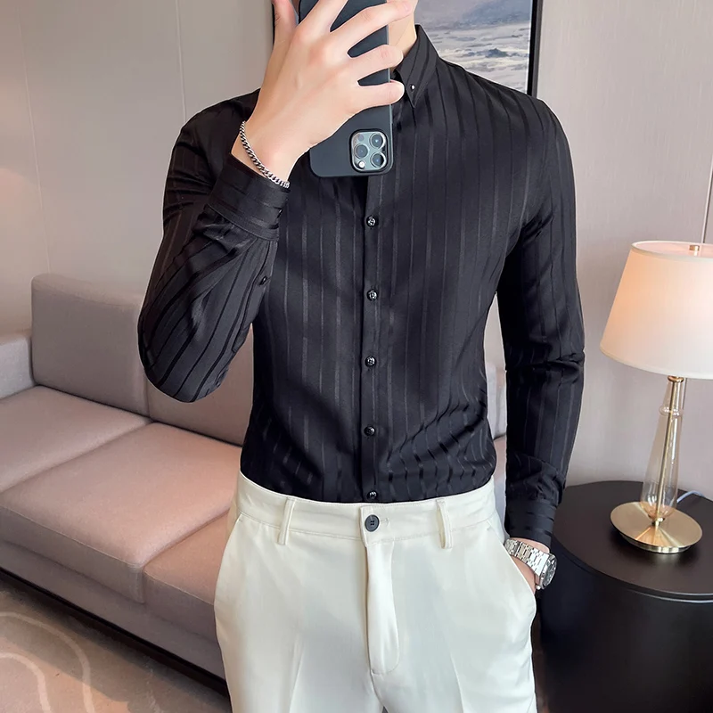 Casual Stripe Long Sleeve Men  Shirt Lapel Light Mature Shirt Fashionable Trim Single Button Personality Shirt Spring and Autumn