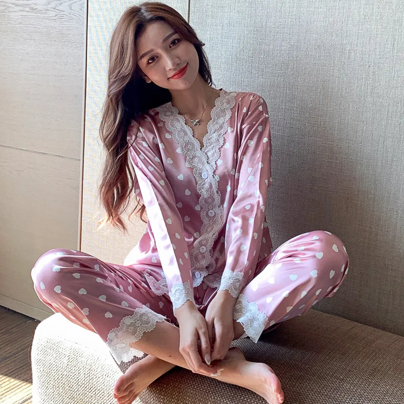 

Pink Sweetheart Lace Trim Women Pajamas Sets M-XXL Sexy V-Neck Shirt&Pant Pyjamas Rayon Sleepwear Nightwear Summer Sleep Suit