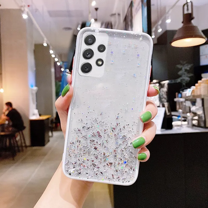 

Glitter Stars Phone Case For Samsung A52 A72 A42 A32 5G S21 S20 FE A21S A71 A51 Soft Epoxy Camera Protection Clear Back Cover