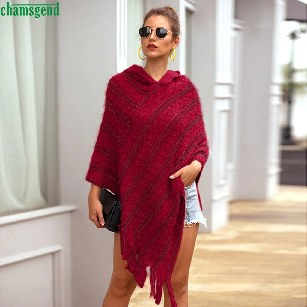 Женский свитер накидка с кисточками Chamsgend однотонный Зимний вязаный кашемировый