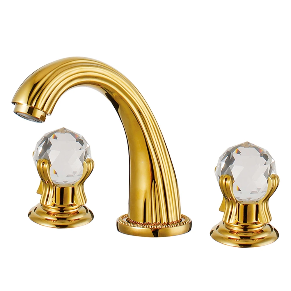 

Luxury Basin Faucets Bathroom Sink Faucet Brass Golden 3 Holes Double Crystal Handle Bathtub Taps Hot & Cold Mixer Water Tap