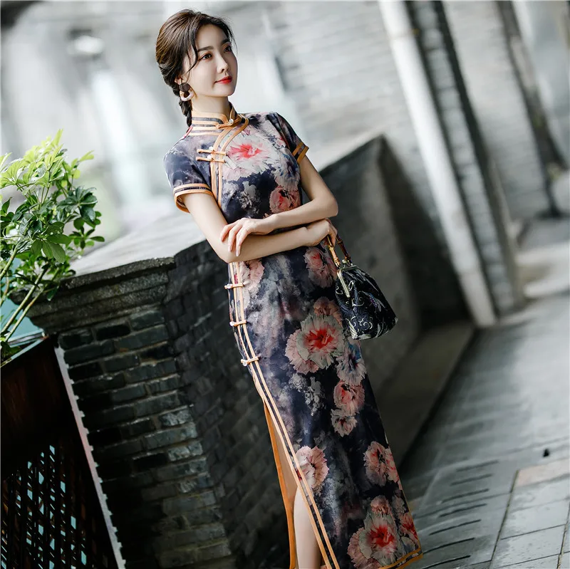 Винтажное китайское традиционное женское атласное платье Чонсам с цветочным