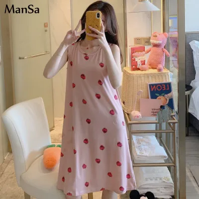 Ночная рубашка женская с мультяшным принтом тонкая Пижама без рукавов домашняя