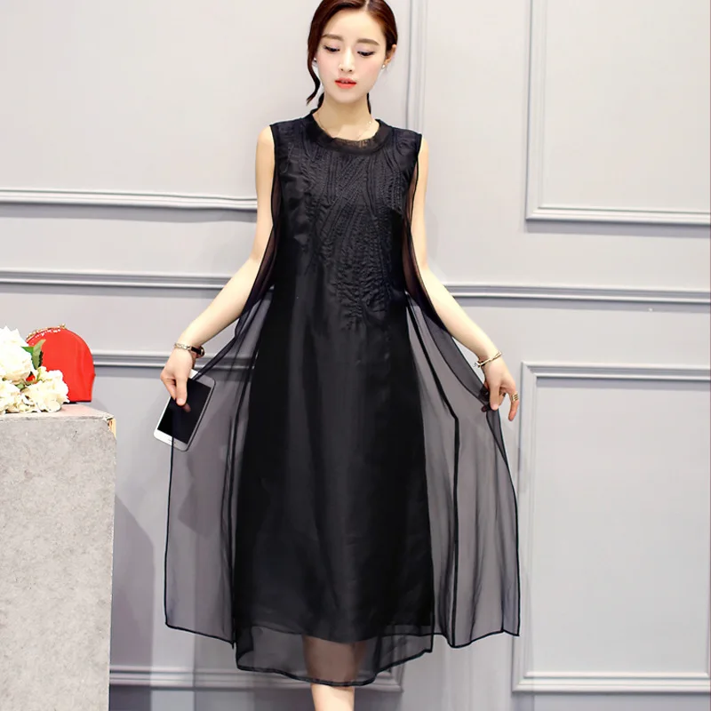 

dress for women long summer 2020 new sleeveless dress ladies imitation silk over the knee embroidered fashion elegant loose dres
