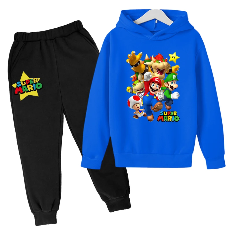 Sudadera con capucha y pantalones para ni&ntilde;os, Conjunto de sudadera de algod&oacute;n con dibujos animados, ropa de moda de dos piezas, abrigo para personas mayores, Super Mario 4T-14T, negro &middot; blanco-2