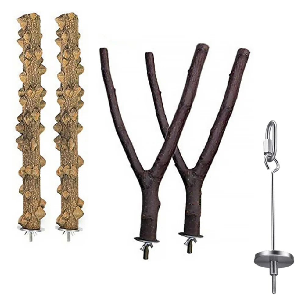 

4Pcs Bird Parrot Wooden Perch Stand with 1 Food Fork Birds Cage Supplies