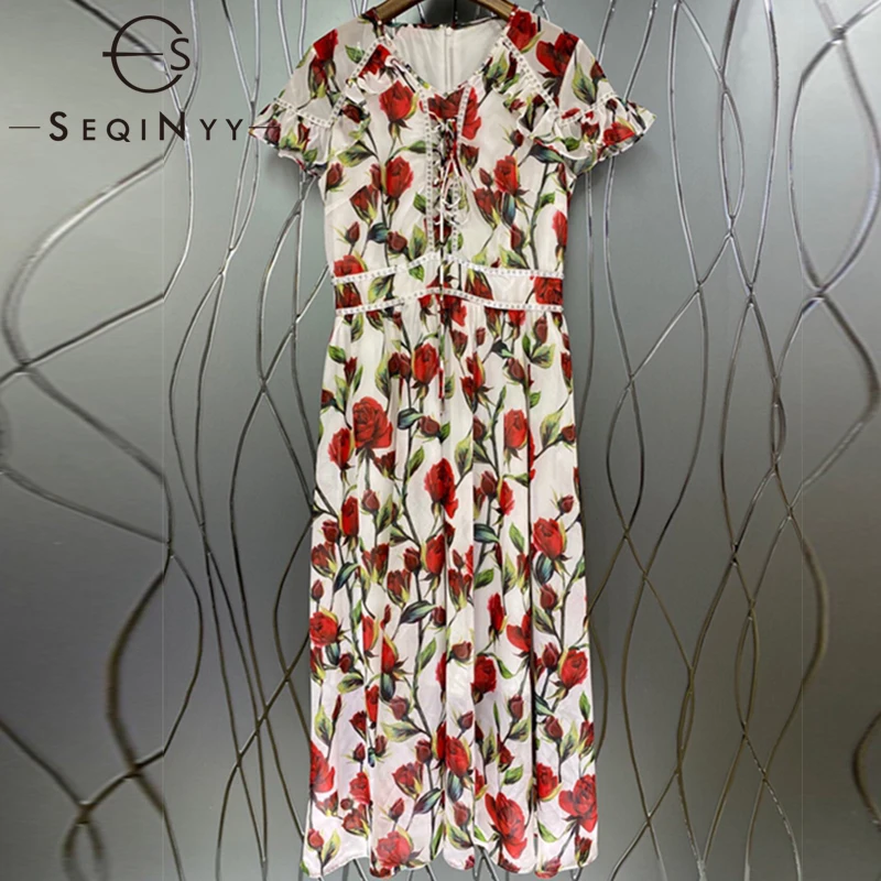 

SEQINYY Summer Dresses Women New Fashion Design Runway Flower Printed Short Sleeve Crystal Belt Elegant Holiday Midi Lace-Up