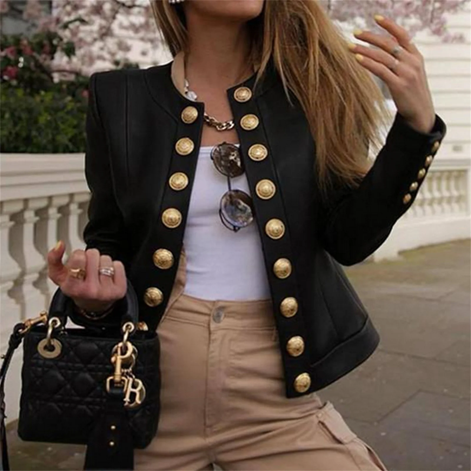 

Autumn Women Fashion Short Suit Coat Ladies Big Button Long Sleeve Retro Solid Color Open Front Blazer Street Clothing S/M/L/XL