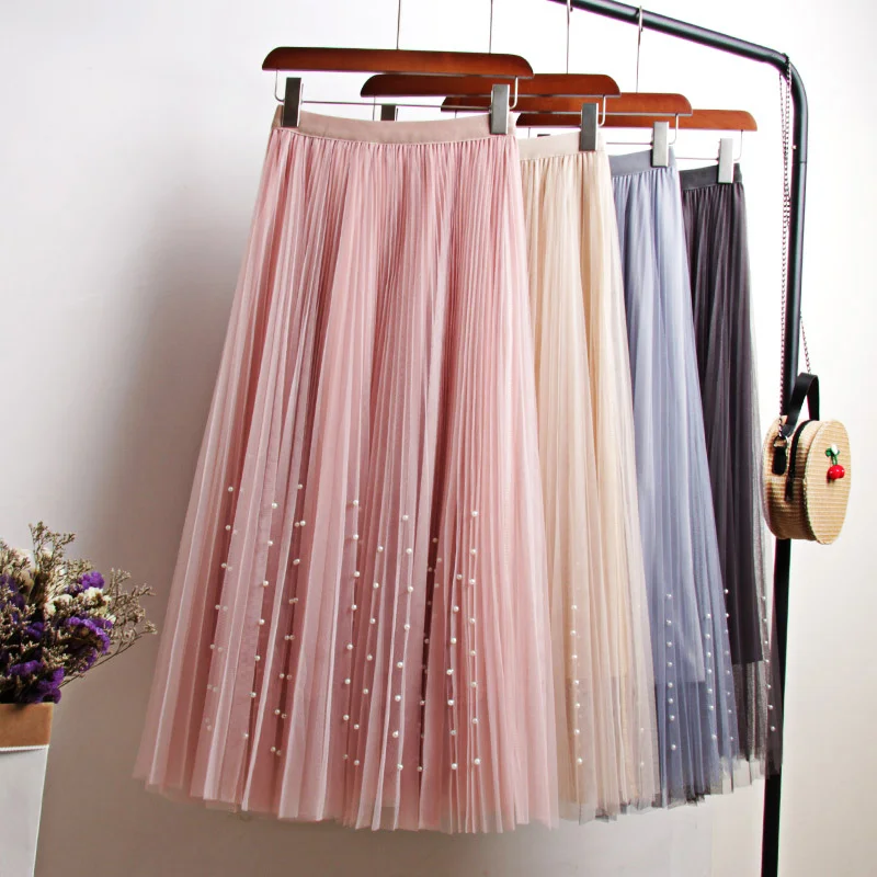 

New 2020 Spring Summer Skirts Womens Beading Mesh Tulle Skirt Women Elastic High Waist a Line Mid Calf Midi Long Pleated Skirt