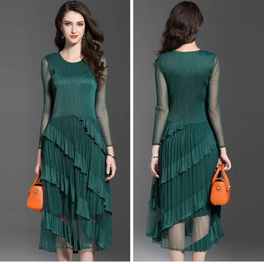 

Miyak pleated chiffon dress 2019 spring and summer models large size solid color long-sleeved ruffled Vestidos party women