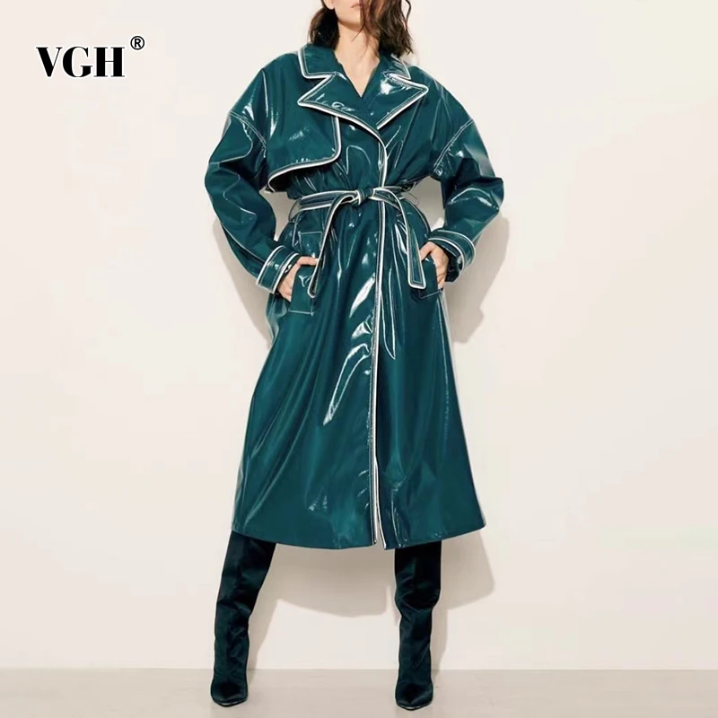 

VGH PU Leather Patchwork Pockets Lace Up Trench Females Lapel Long Sleeve Casual Loose Korean Fashion Woman Coat 2021 Autumn New