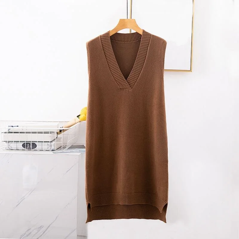 Осенне-зимнее вязаное платье-свитер без рукавов женское платье-жилет Женский