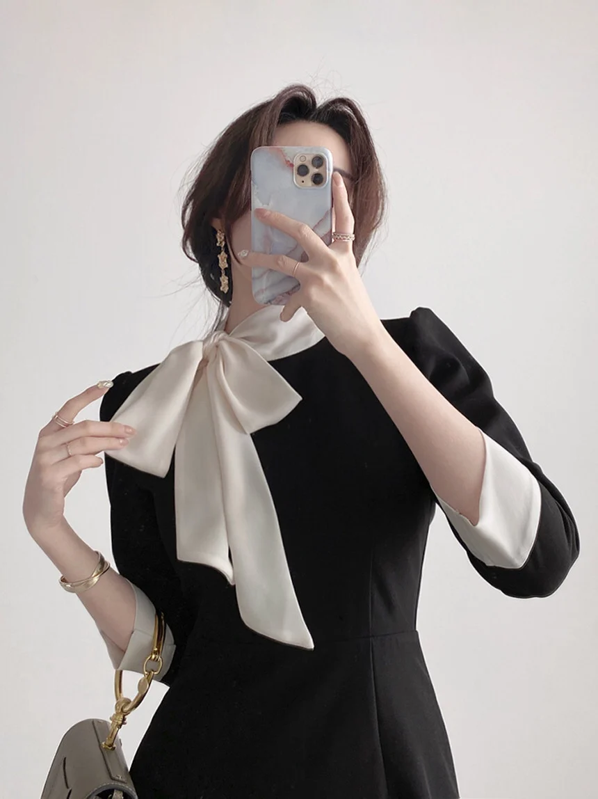 

Korean Chic French Style Elegant Contrast Color Lace-up Bow Socialite Style Sweet Age-Reducing Slimming Long Sleeve Dress for