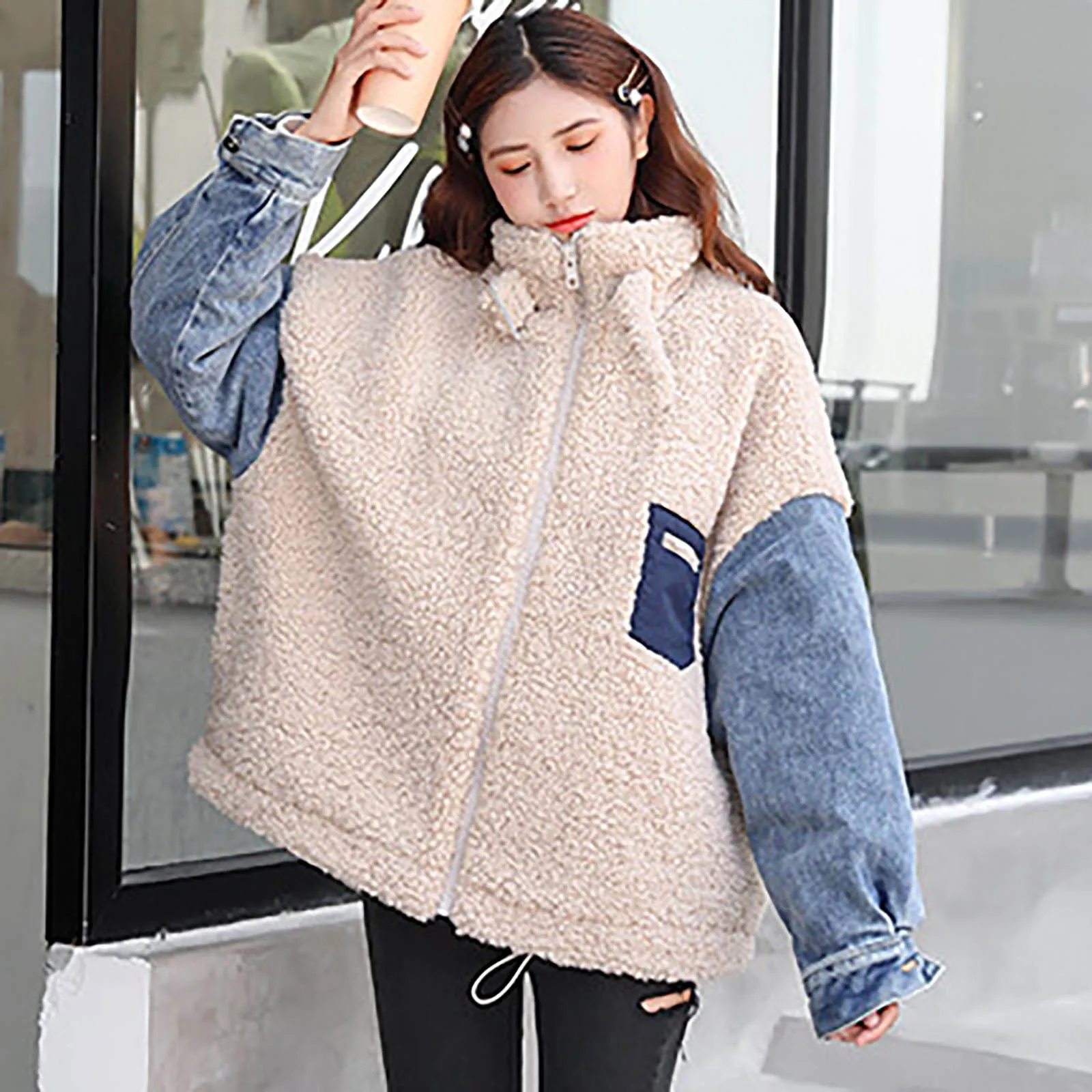 

New Women's Winter Long Sleeve Casual Loose Fleece Lambswool Denim Stitching Zipper Jacket Plush Coat Outwear Chaqueta Mujer#g3