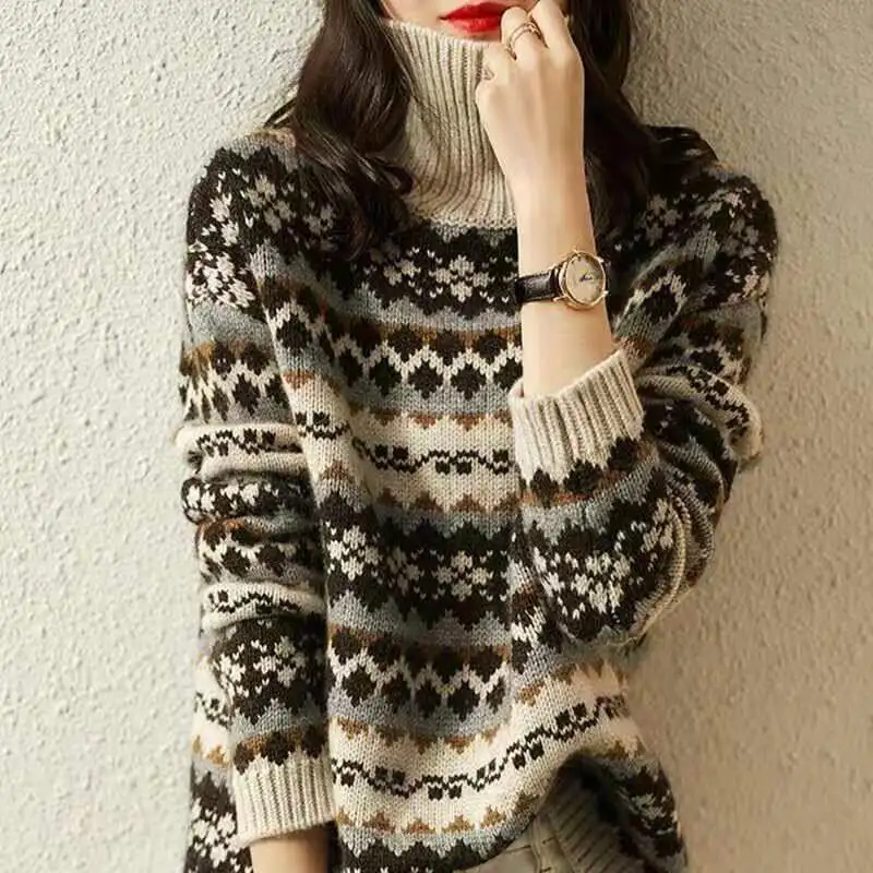 

2023 Y2K Autumn Winter Ethnic Style Cashmere Wool Knit Pullover Women Turtleneck Sweater Loose Elegant Thicked Print Casual