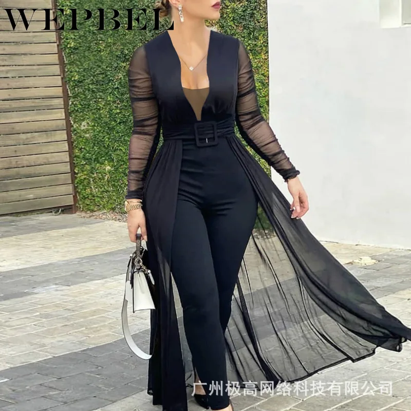 

WEPBEL Autumn Spring Women Sexy Jumpsuit Ladies Elegant Black Lace Patchwork Romper Female Deep V Neck Skinny Trousers Overalls