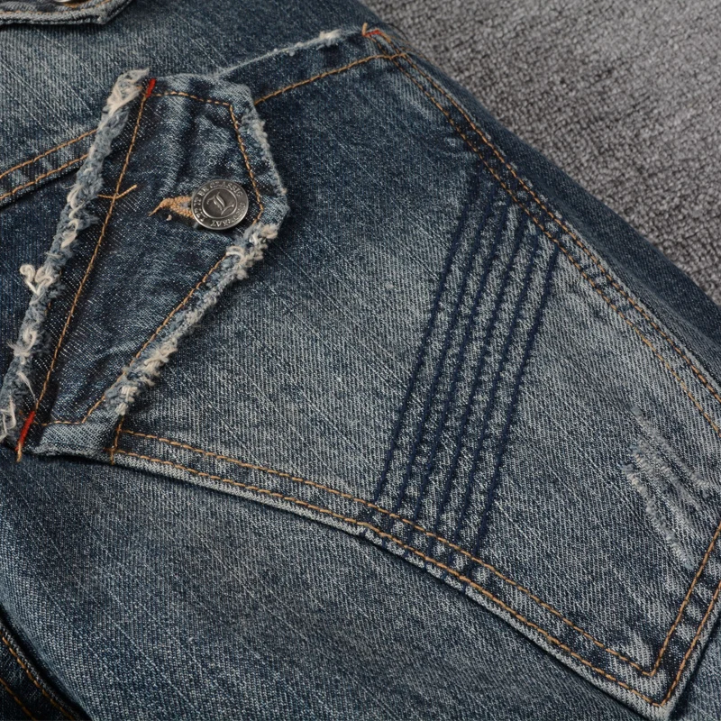 

Fashion Streetwear Men Jeans High Quality Retro Dark Blue Slim Fit Patchwork Designer Punk Denim Trousers Hip Hop Biker Pants