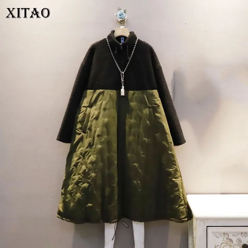 

XITAO Winter New Dress 2021 Fashion Temperament Patchwork Half High Collar Drawstring Loose Large Size Mid-length Women JL0013
