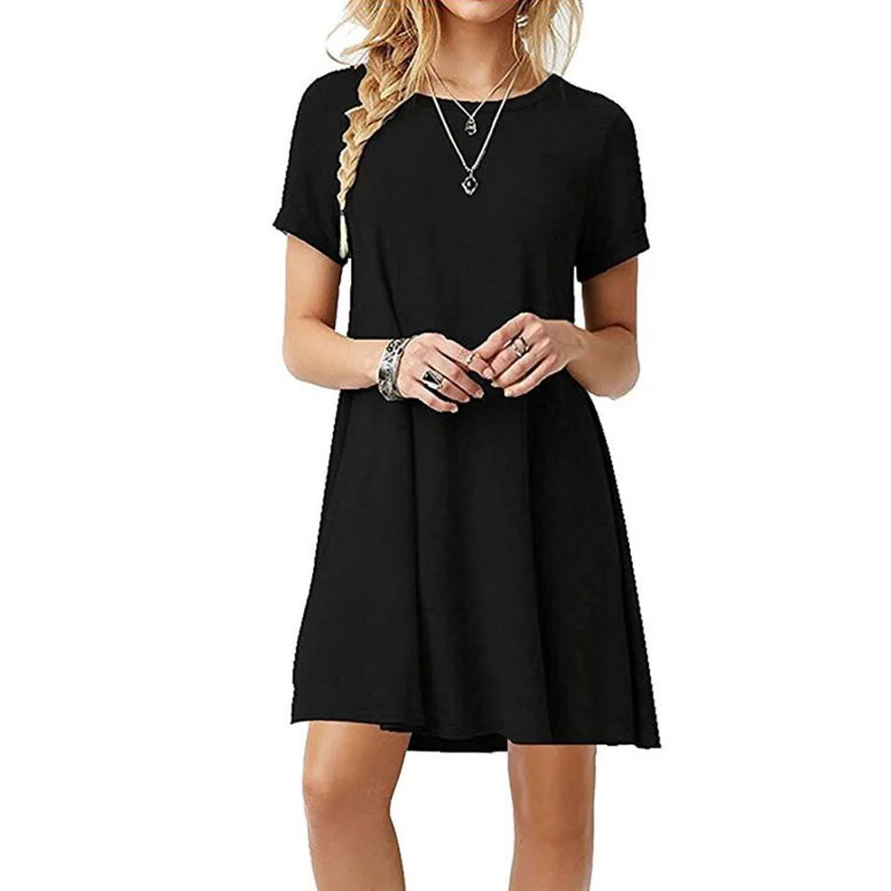 

Women 2020 Casual O-neck Nimi Dresses A-line Short Sleeve Plus Size Black Vestidos Solid Mini Summer Maxi Dress Robe Femme