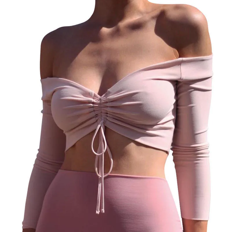 Сексуальная футболка с открытыми плечами женские кроп-топы Осенние облегающие