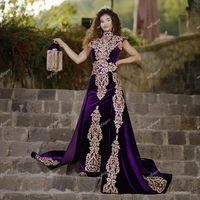 purple velvet mermaid evening dresses celebrity moroccan kaftan detachable train golden appliques robe de soiree plus