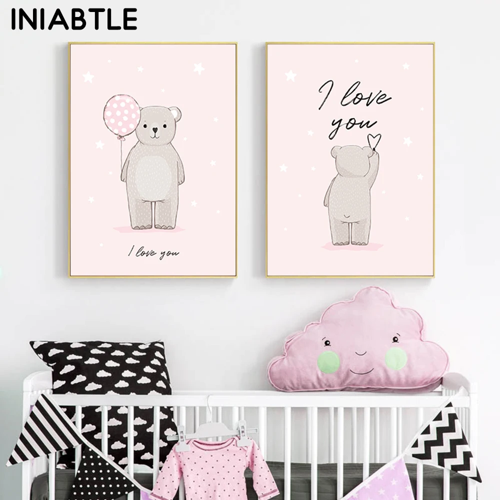Милый медвежонок детская настенная живопись розовый воздушный шар холст постер