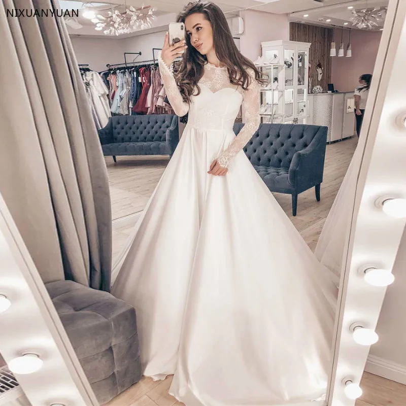 Robe De Mariage свадебные платья с длинными рукавами и круглым вырезом трапециевидная