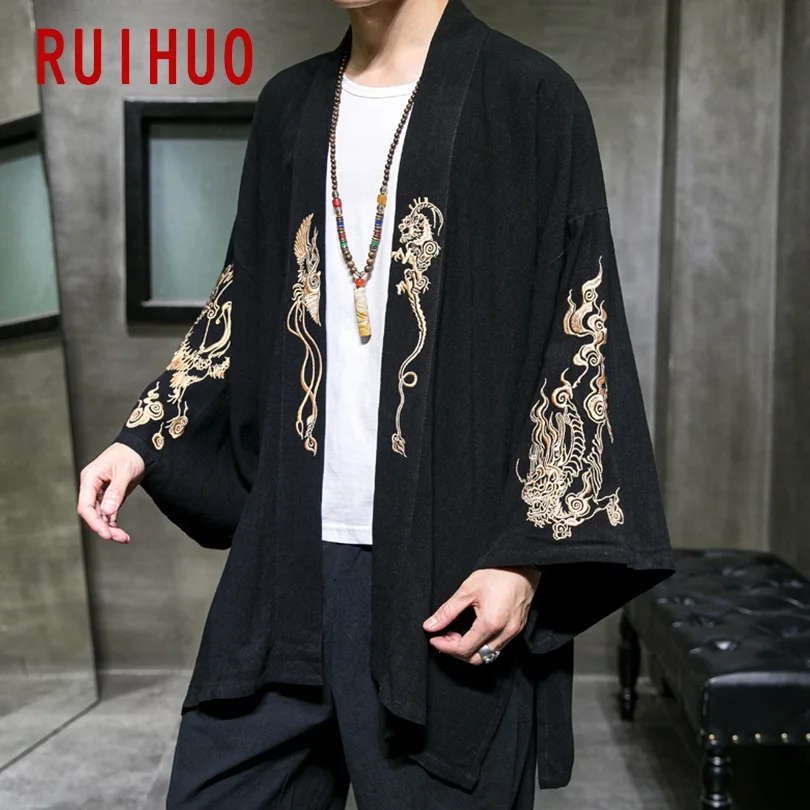 RUIHUO Dragon Embroidery Kimono Jacket Men Coat Streetwear Bomber Hip Hop Windbreaker 5XL 2021 New | Мужская одежда