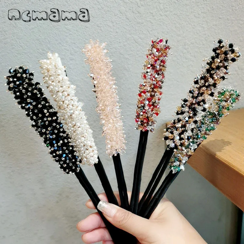 

ncmama Wedding Bridal Rhinestone Hair Pins Pearl Flower Clear Crystal Handmade Clips Bridesmaid Hairwear Jewelry Hair Accessory