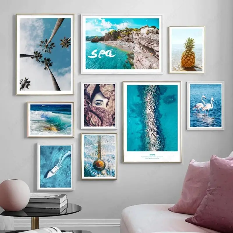 

Wall Art Canvas Painting Sea Beach Coconut Tree Road Woman Landscape Nordic Hd Posters and Prints Pictures for Living Room Decor