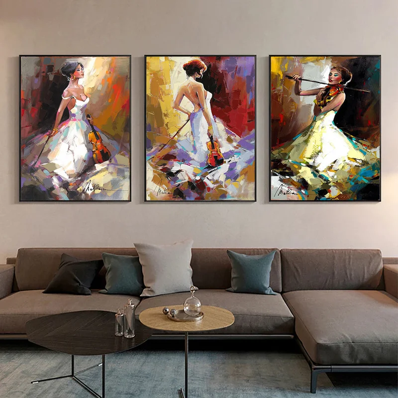 

A Girl Plays Violin and Saxophone Canvas Painting Abstract Modern Posters and Prints Wall Art Picture for Living Room Home Decor