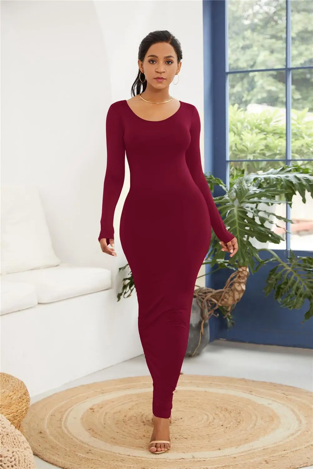 

Women Party Bodycon Dress Long Sleeve O-neck Elastic Slim Women Elegant Long Dress Midi Skinny Sexy Dresses Club Wear Vestido