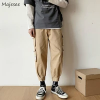 men casual cargo pants solid pockets ankle length elastic waist fashion streetwear all match korean style simple chic ins loose
