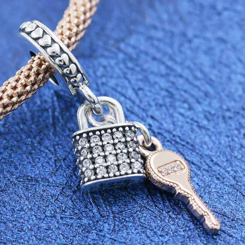 Оригинальная подвеска с замком Pave Lock и ключом Rose Bead, подходящая для браслета из стерлингового серебра 925, европейского стиля, браслета браслета DIY.