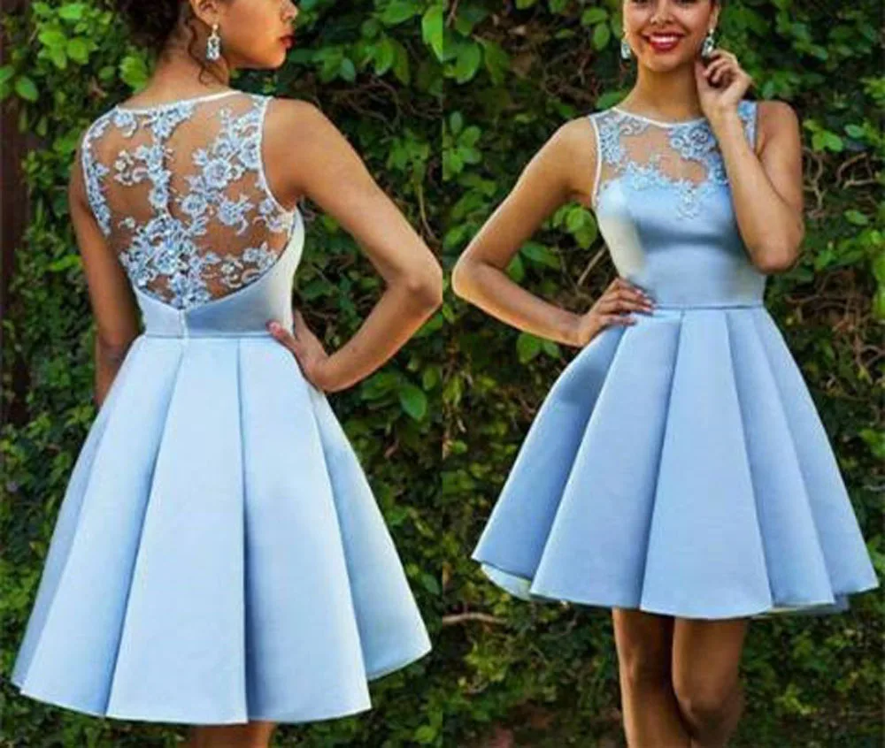 

Атласные мини-платья без рукавов с круглым вырезом, аппликацией и бусинами, светло-голубое платье для выпускного вечера