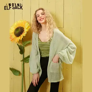 Elfsack Карамельный цвет, плотные, на шнурке, Повседневное Для женщин кардиганы 2020 летнее бело-серые чистый Фонари с длинными рукавами в Корейском стиле Girly простая тонкая Топ