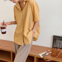 women stripe stylish shirts 2021 summer lapel collar tops casual solid loose tunic office lady lace up plus size girl office top